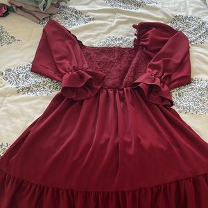Dark red puff sleeve ruffle mini dress